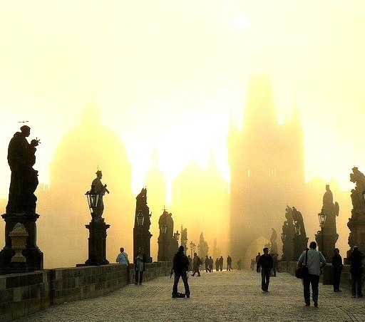 by n_ila on Flickr.Early sunrise at Charles Bridge, Prague, Czech Republic.