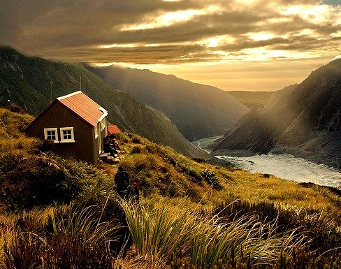 Evening at Chancellor hut, above the middle ice fall of the Fox Glacier, New Zealand