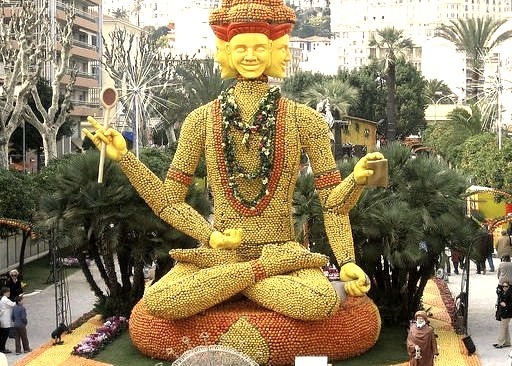 Buddha statue completely made of lemons in Menton, Cote d'Azur, France