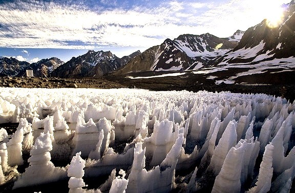 Penitentes at Plaza de Mulas, base camp for climbers approaching Mount Aconcagua, Argentina