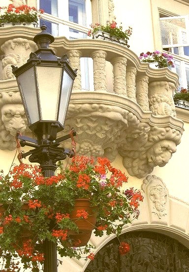 Beautiful balconies of Rynok Square in Lviv, Ukraine