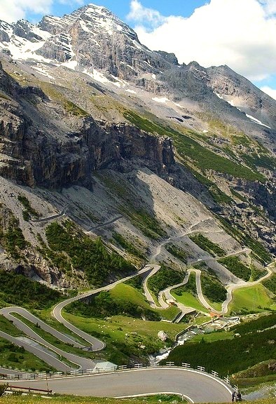 Going down to Bormio in Passo dello Stelvio, the second highest mountain pass in the Alps at 2757m, Italy