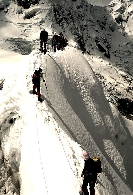 Climbing on a steepy ridge, Cordillera Blanca, Peru